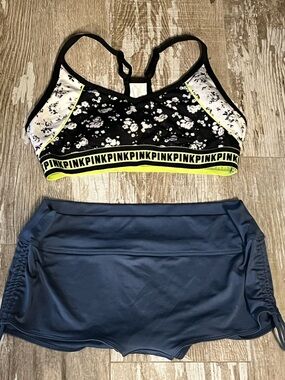 PINK💗VS Bikini! Gym to Swim Active Blue/White Multi Floral Top&Blue Bottom Sz-L!